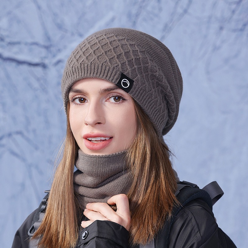 Winter Warm Hat Scarf Two-piece Set European and American Fashion Knitted Pullover Hat with Velvet Ear Protection and Anti Cold Woolen Hat for Women
