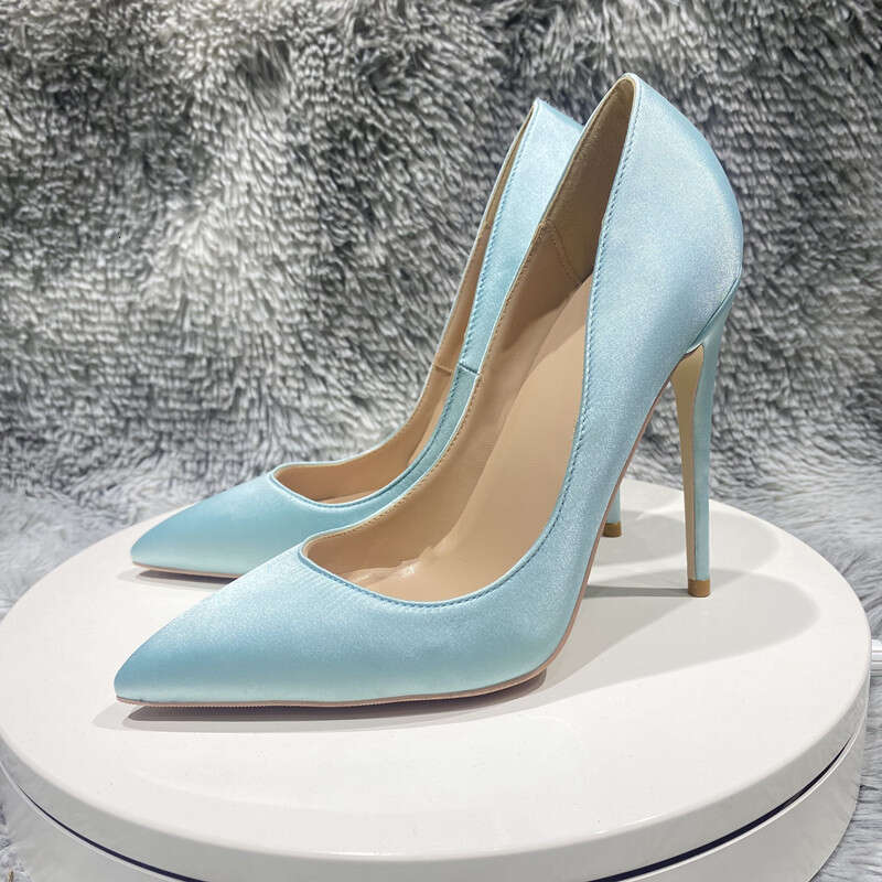 Women's Satin Silk 12Cm Narrow Pointed Sexy High-Heeled Shoes, Light Green, Blue, Wedding Dress,
