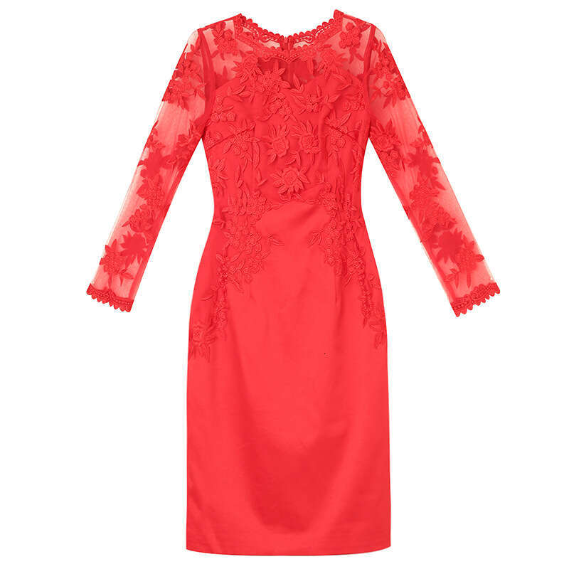 Autumn for Women 2024 New Short Style Red Lace Embroidered Engagement Long Sleeve Slimming Dress