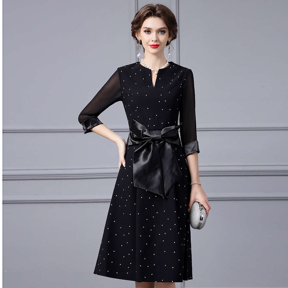 black spliced polka dot dress 2024 autumn new high-end exquisite large bow slimming A-line skirt
