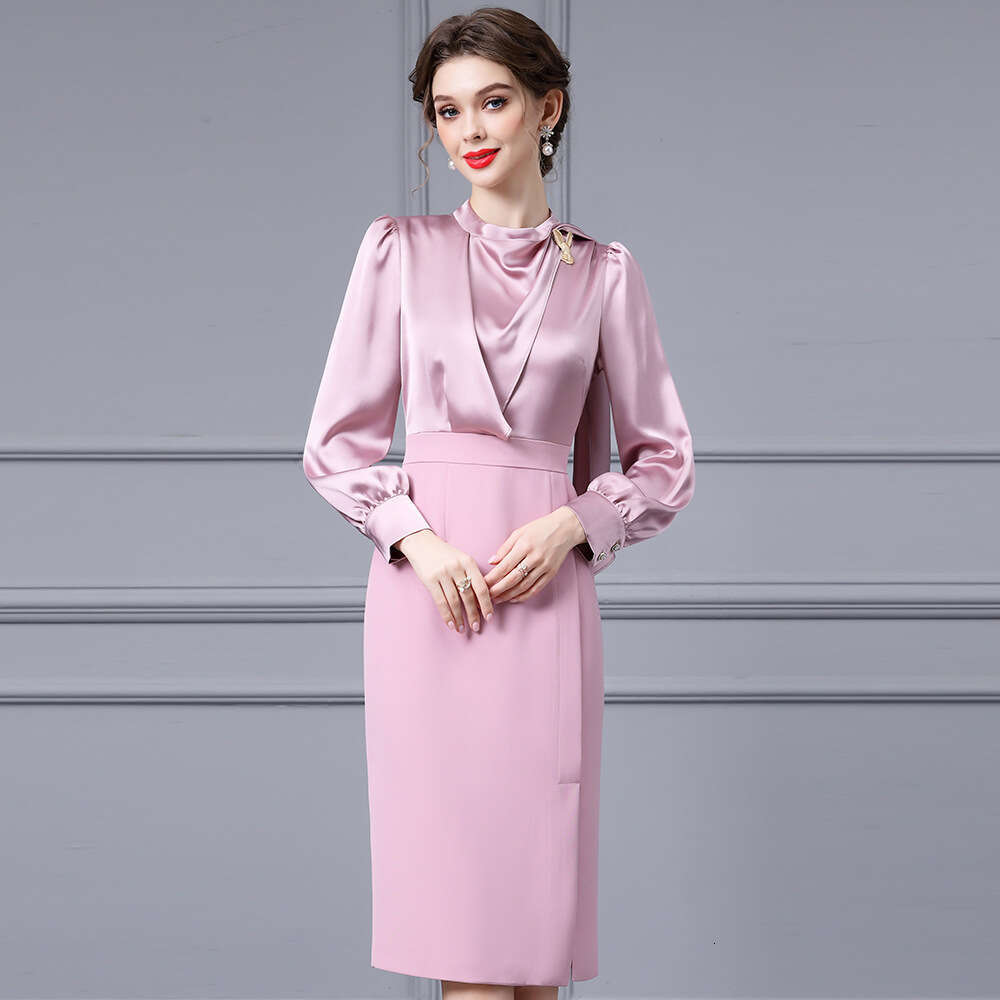 unique chic design with floating collar pink drape a hip hugging dress 2024 new style light and mature temperament