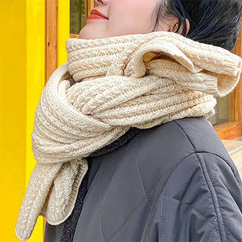 Korean WomenS Knitted Scarf Winter Wild Student Warm Ladies White Black Thick Long Woman Scarf 241009