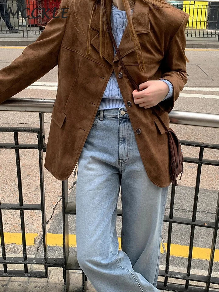 Casual suede womens coat brown loose collar single chest pocket long sleeved jacket autumn womens clothing 241010