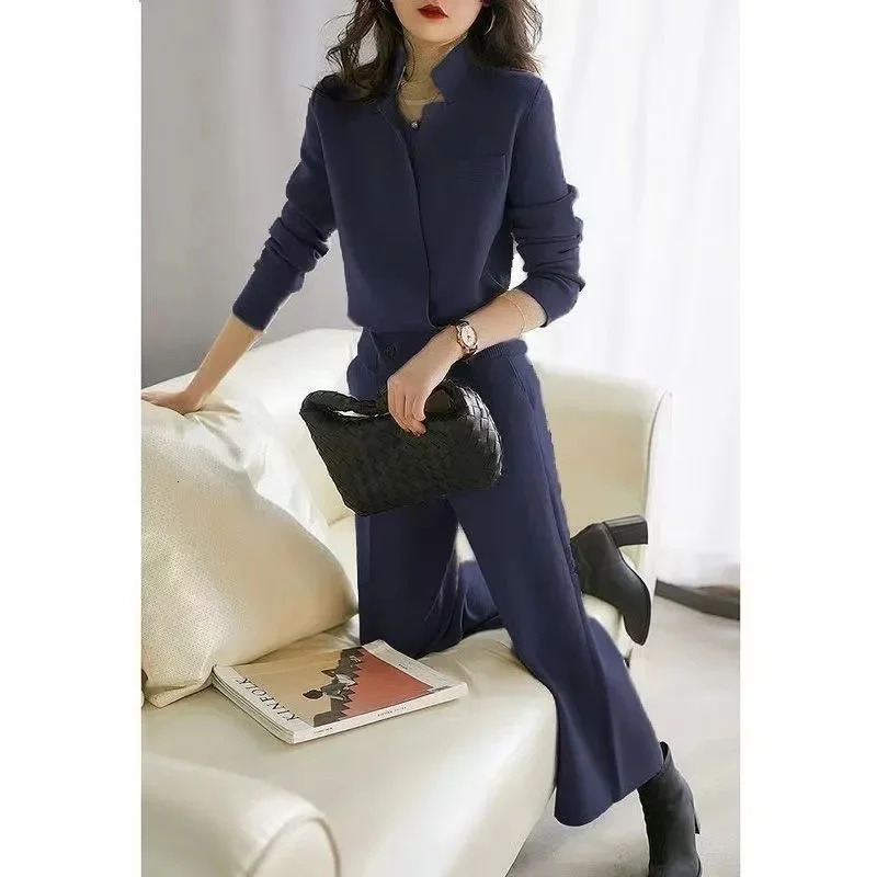 High quality autumn outfit complete set womens jacket winter knit two-piece sweaterpants set navy 241011