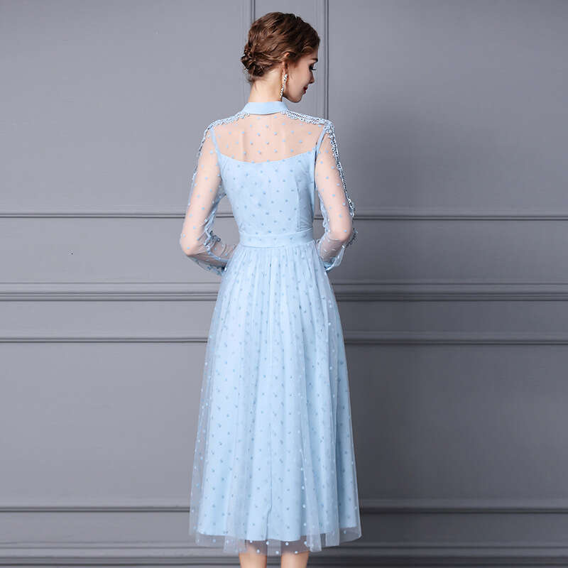 Water Blue Autumn 2024 New Style Womens Charm Waist slimming Lace Long Dress