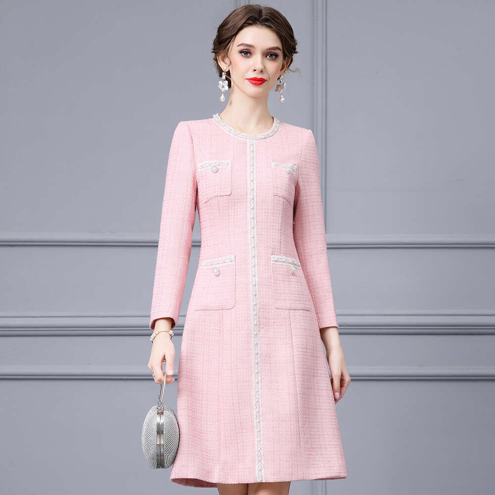 pink high-end socialite temperament handmade nail bead waist slimming coarse tweed dress 2024 autumn new item