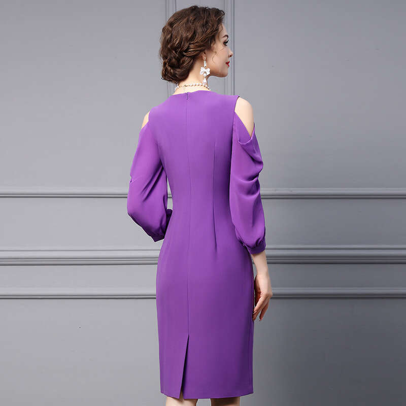 temperament goddess style 2024 autumn new purple off shoulder long sleeved V-neck formal occasion dress