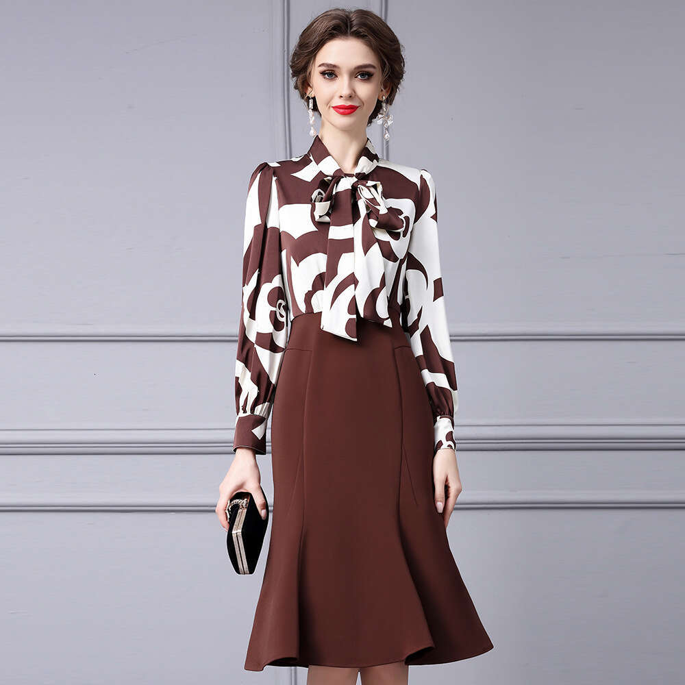Smart and mature imperial style dress 2024 new bow tie strap splicing fake two-piece hip hugging fish tail skirt autumn