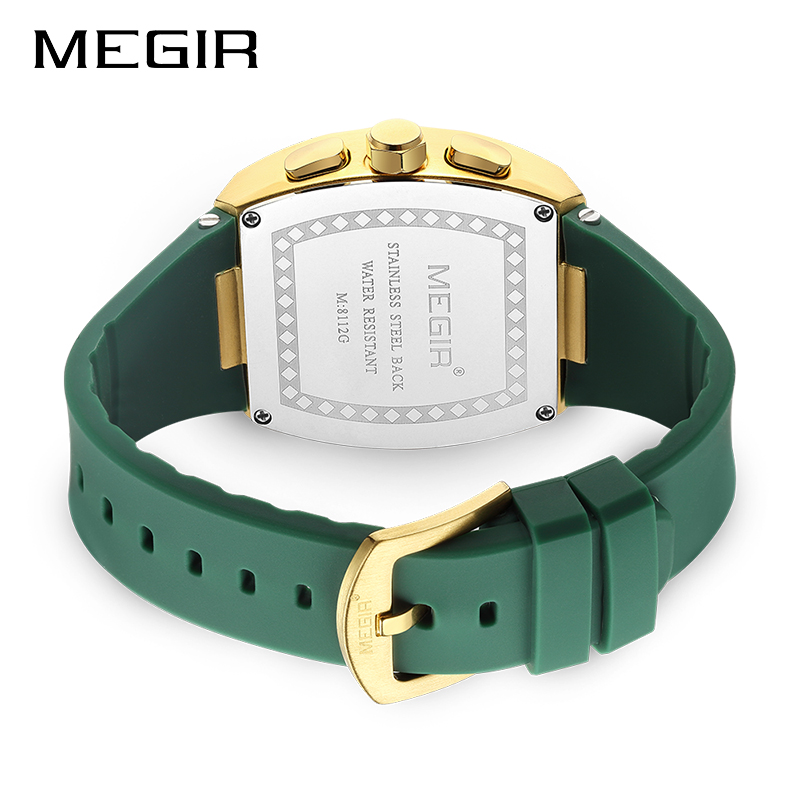 MEGIR 8112 Quartz Watch Fashion Creative Night Light Date Chronograph Simulation Display Green Silicone Strap Men's Watch