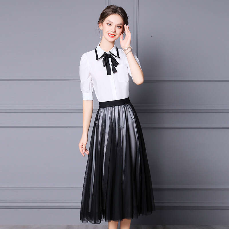 Academy Style 2024 New Summer Dress Tie White Shirt Mesh Contrast Medium length Skirt Two piece Set