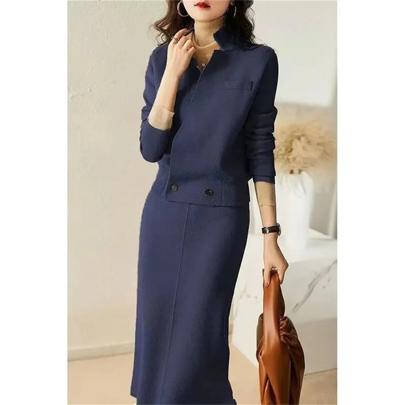 High quality autumn outfit complete set womens jacket winter knit two-piece sweaterpants set navy 241011