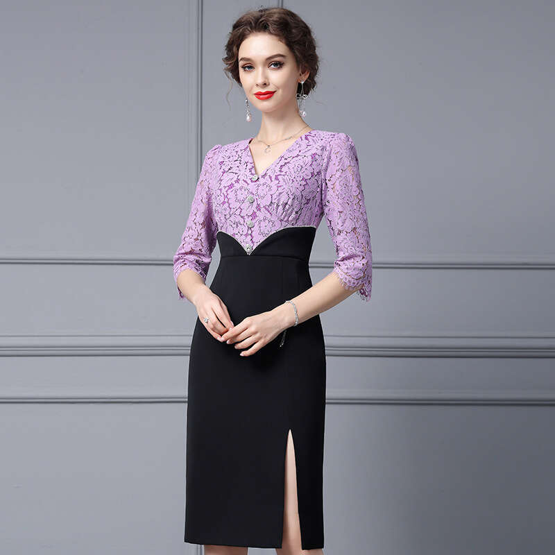 French Dress 2024 New Womens Autumn Formal Occasion Lace Splicing Waist slimming Bag Hip Skirt