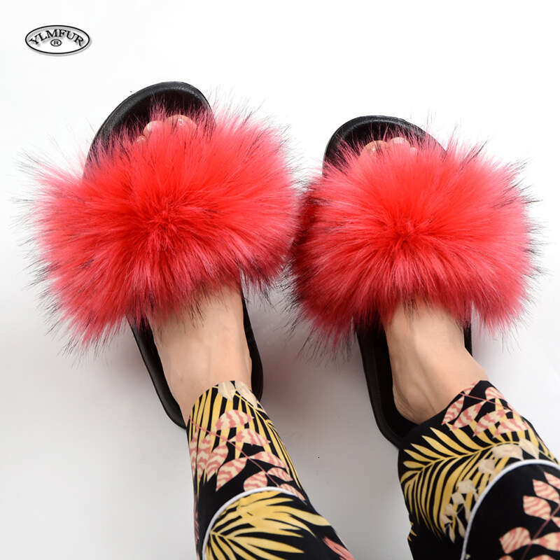 Women's Summer Faux Fox Fur Slippers Fashion Indoor and Outdoor Non-Slip Solid Color Flat Bottom Furry Sandals free shipping shoes