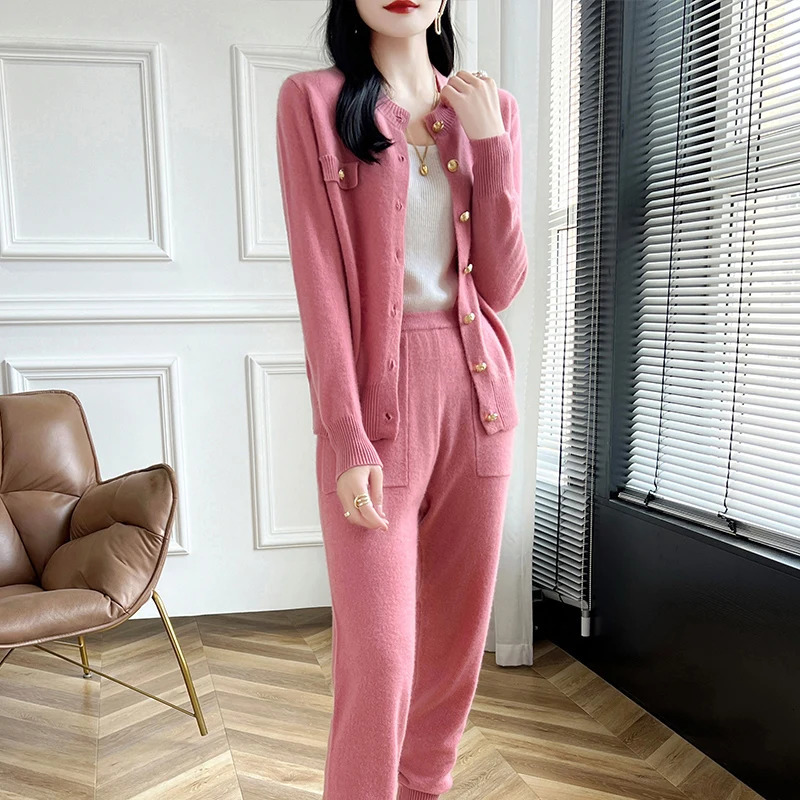 High end womens set of 100% pure wool knitted sweater cashmere slim cardigan small leg pants autumn and winter two-piece set 241011