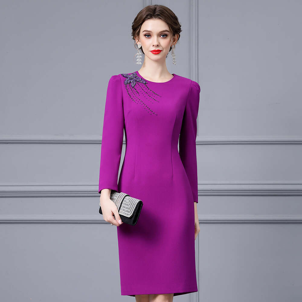 purple high-end luxury temperament bag hip skirt 2024 autumn new heavy industry nail bead high waist slimming dress