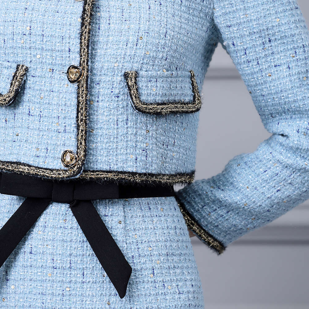 autumn season set womens high-end French socialite tweed short top jacket with skirt two pieces