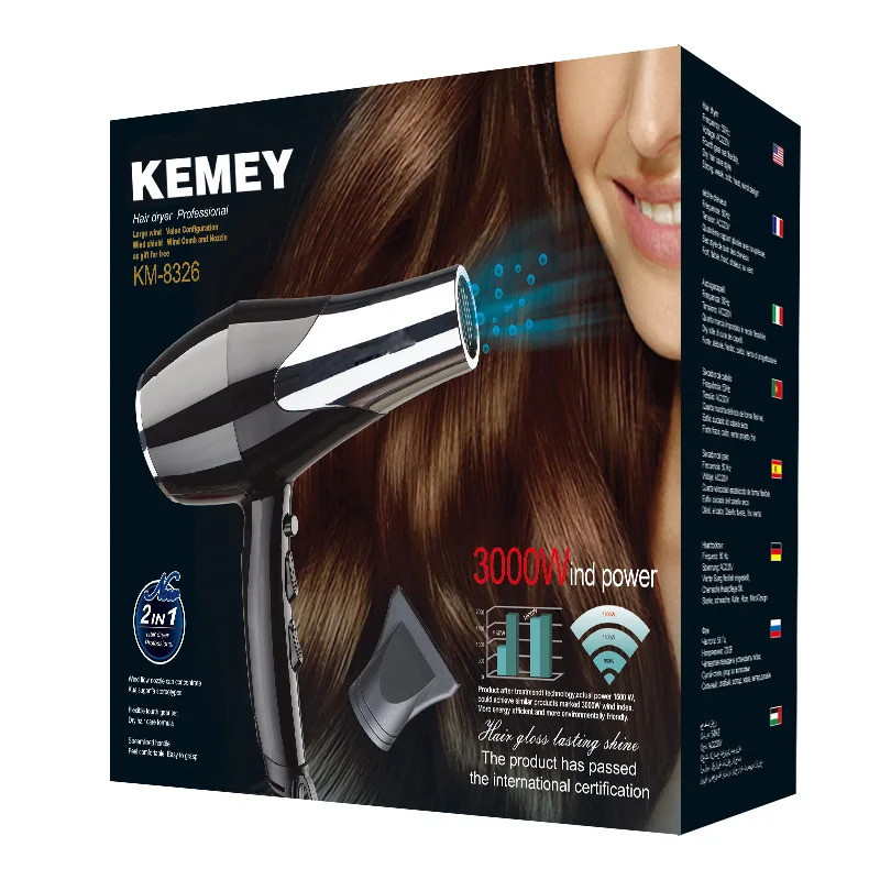 Kemei 3000 Watt Full Size Pro Hair Dryer Professional Salon Blow Dryer with Concentrator Nozzle Attachments 3 Speeds fast Dry 241009