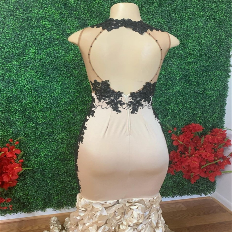Vintage Champagne And Black Prom Dresses For Black Girls Floral Bottom Mermaid Evening Gowns Illusion Top African Open Back Formal Dress Stunning Birt