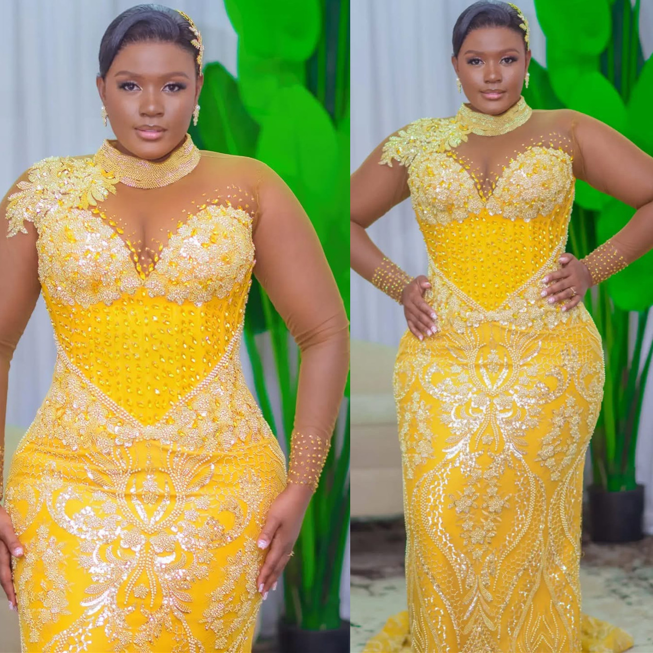 Aso Ebi 2024 Yellow Mermaid Prom Dresses Beaded Rhinestones Sequined Lace Evening Formal Party Second Reception Birthday Gowns Dress For Special Occas