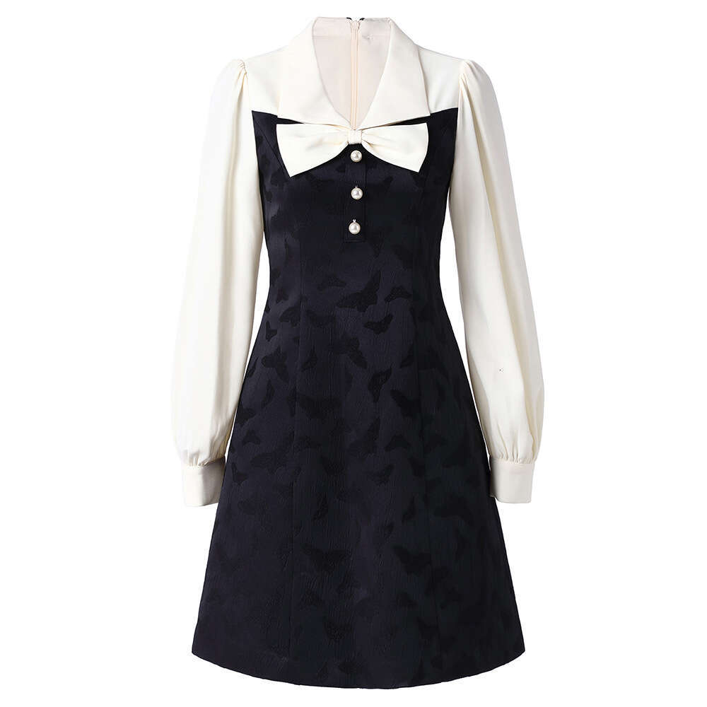 Smart and stylish ladies' style butterfly bow purple patchwork texture jacquard A-line dress 2024 new womens autumn