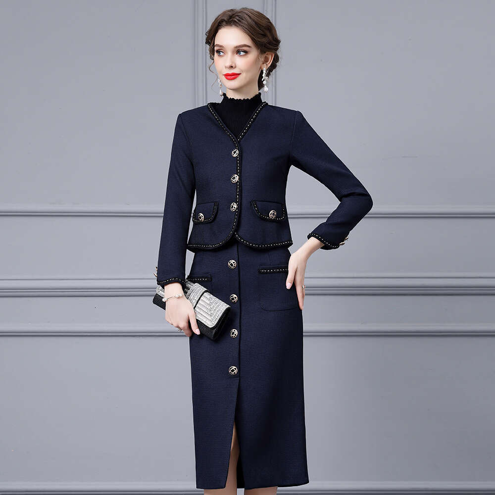 high-end temperament woven ribbon lace V-neck short top jacket with split half body hip hugging skirt two-piece set for autumn