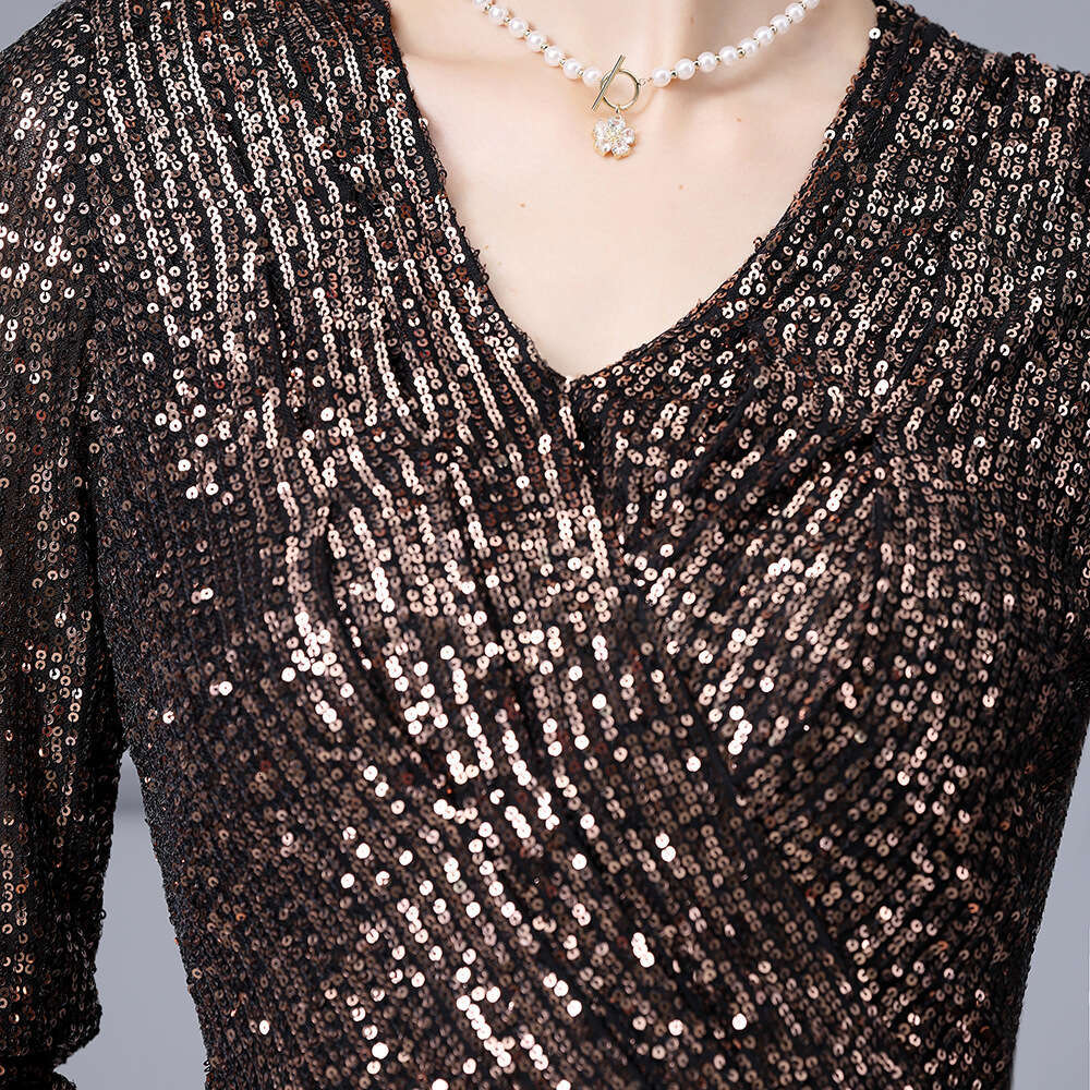 Heavy Industry sequin splicing V-neck cover belly slimming high-end mature temperament noble lady dress autumn style