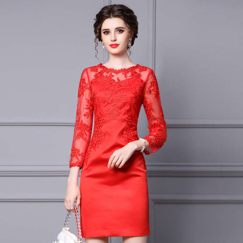Autumn for Women 2024 New Short Style Red Lace Embroidered Engagement Long Sleeve Slimming Dress