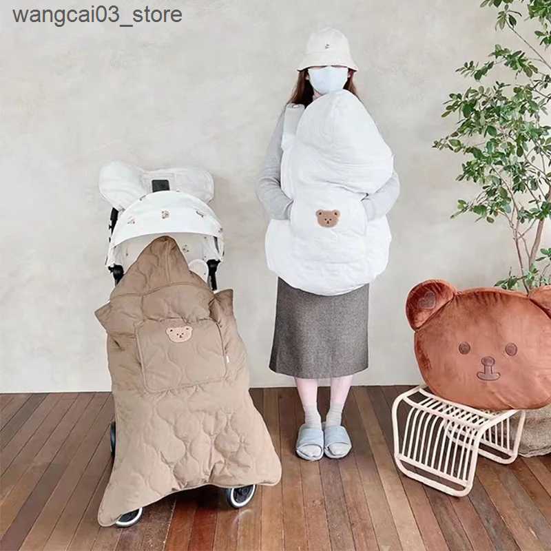 Blankets Swaddling Korean Baby Stroller Blanket Cover Cartoon Bear Hooded Cloak Cape Thicken Newborn Swaddle Wrap Windproof Infant Sleeping Quilt L240