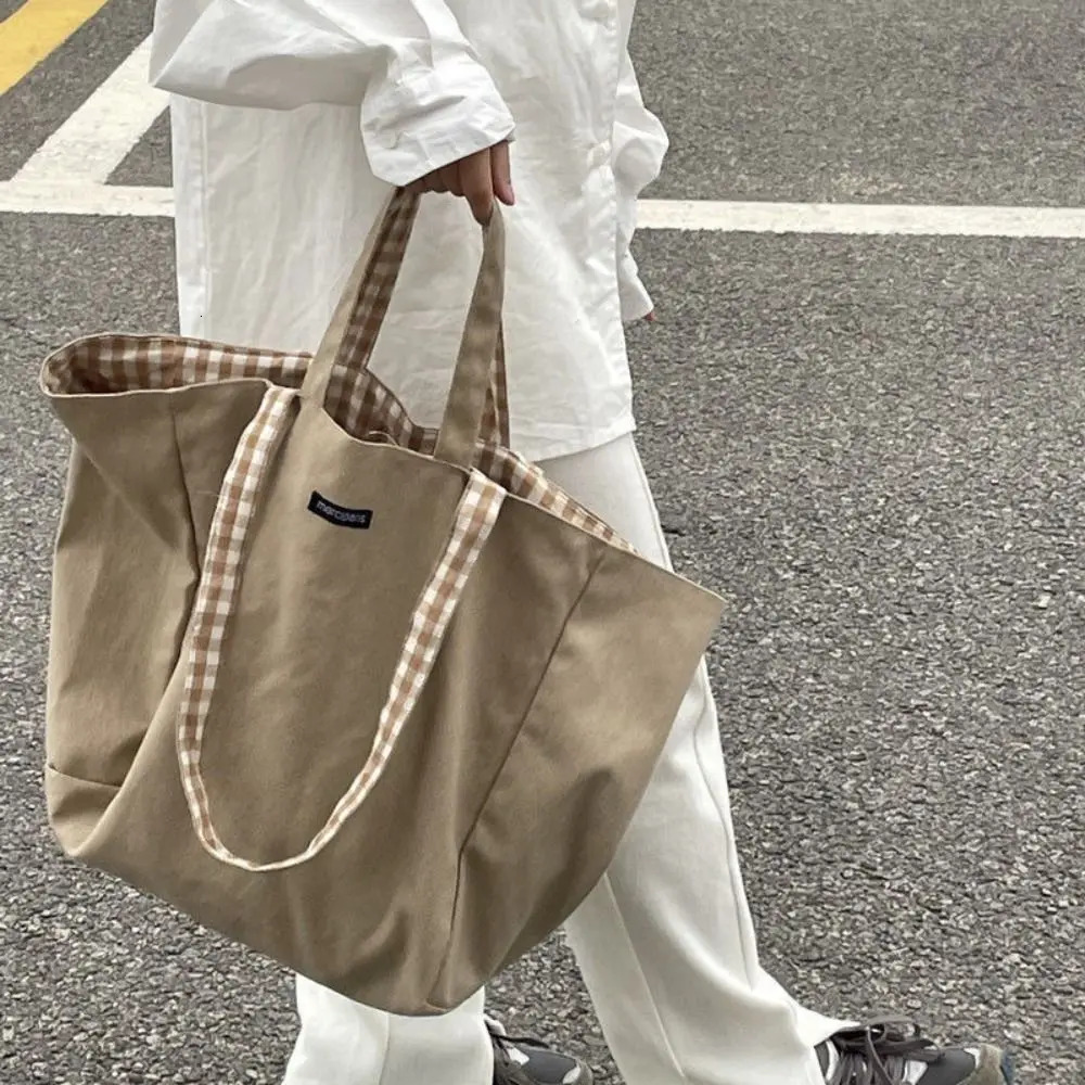 Korean style plain double-sided canvas bag office work handbag shoulder bag solid color vacation handbag large capacity womens handbag 241008