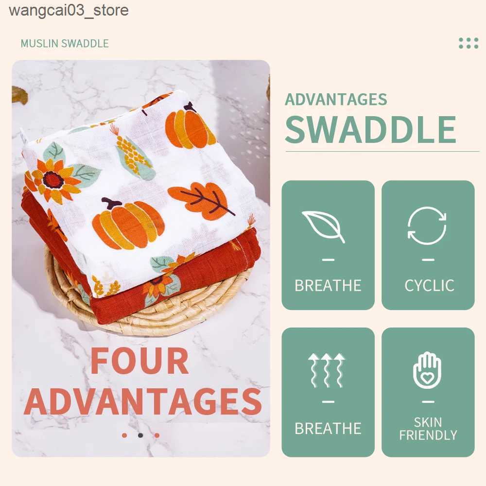 Blankets Swaddling HappyFlute Nature Printing 1pcs Muslin Cotton Fabric Baby Swaddle Light Blanket Baby Infant Wrap L240910