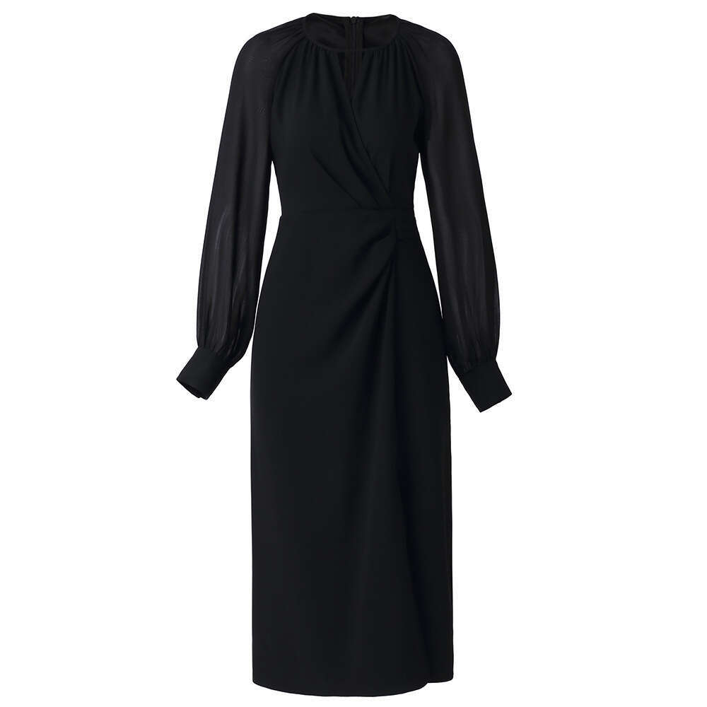 black niche design pleated waist slimming long sleeved chic slit dress 2024 autumn new item
