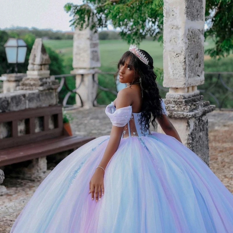 Sky Blue Lilac Shiny Quinceanera Dresses Lace Applique Tull Lace-Up Sweet 16 Off the Shoulder Ball Gown Vestido De 15 Anos