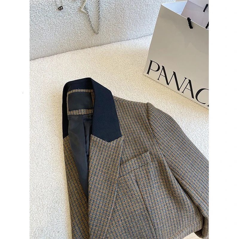 Vintage Wool Blends Coat Elegant Houndstooth Blazer Winter Korean Thicken Jacket Office Ladies Plaid Suit Outerwear 241008