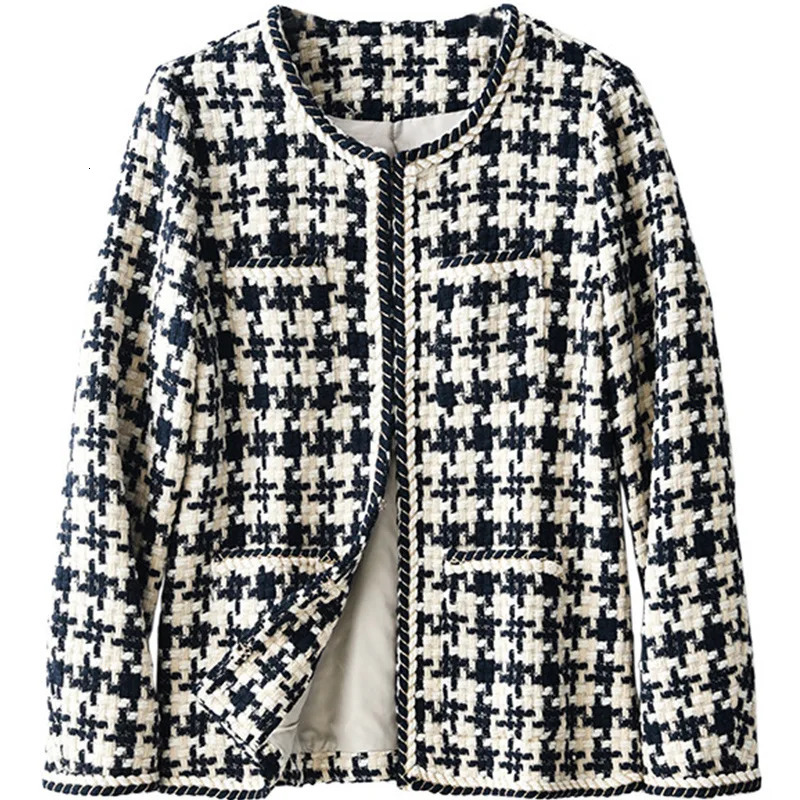 Coarse woolen weave Thousand Bird grid jacket womens coat spring/summer item wool short wool jacket 241007