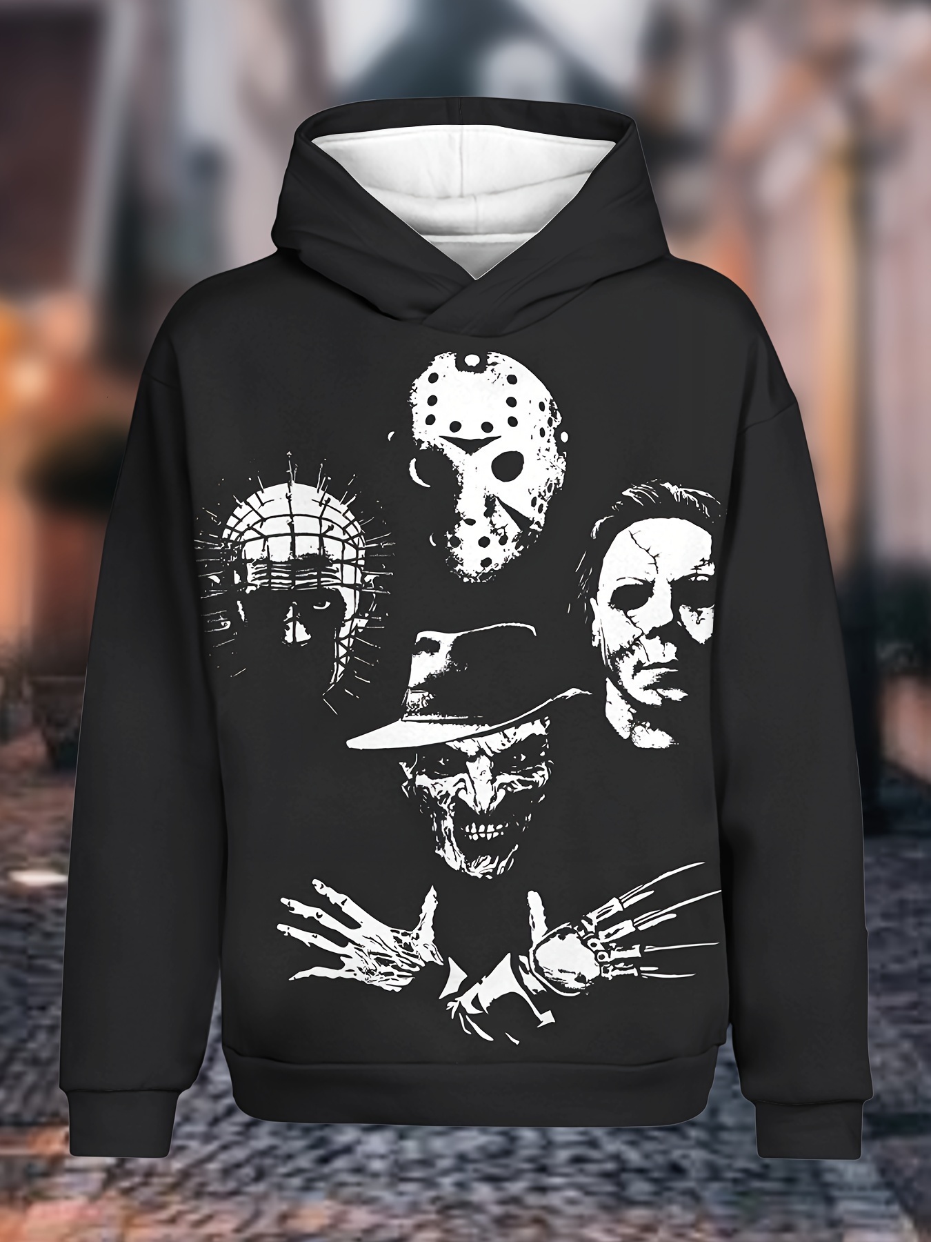 Men's 3D Hoodie with Horror Movie Masks Print, Casual Polyester Hooded Sweatshirt, Unisex Adult Fall/Winter Collection, Knit Fabric, Regular Fit,