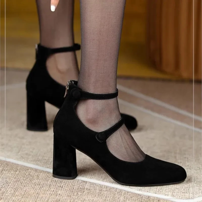 Womens high heels dress shoes black sexy pump ankle strap artificial suede shoes double button Mary Janes shoes spring and autumn 1748N 241007