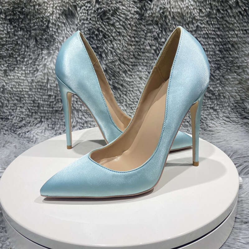 Women's Satin Silk 12Cm Narrow Pointed Sexy High-Heeled Shoes, Light Green, Blue, Wedding Dress,