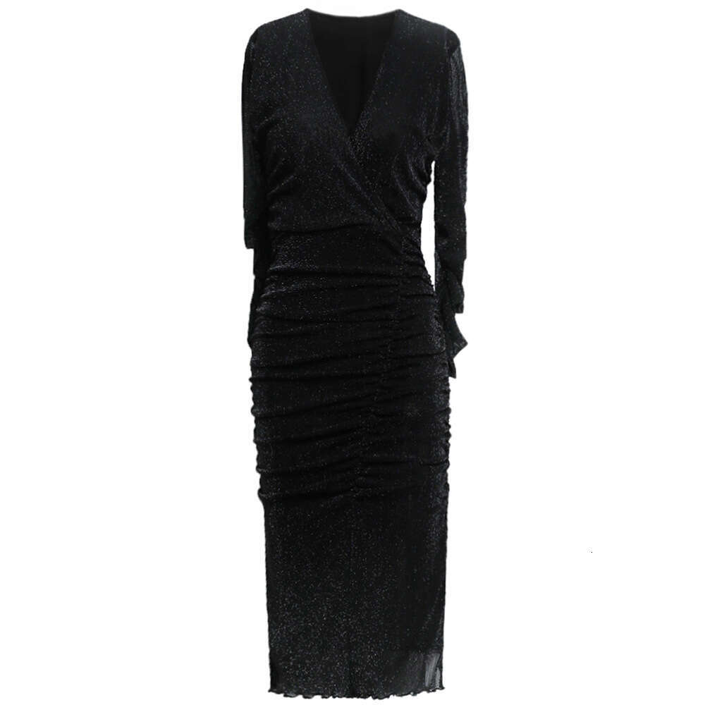 high-end V-neck long sleeved dress 2024 new style early autumn pleated high waist split hip hugging one-step skirt