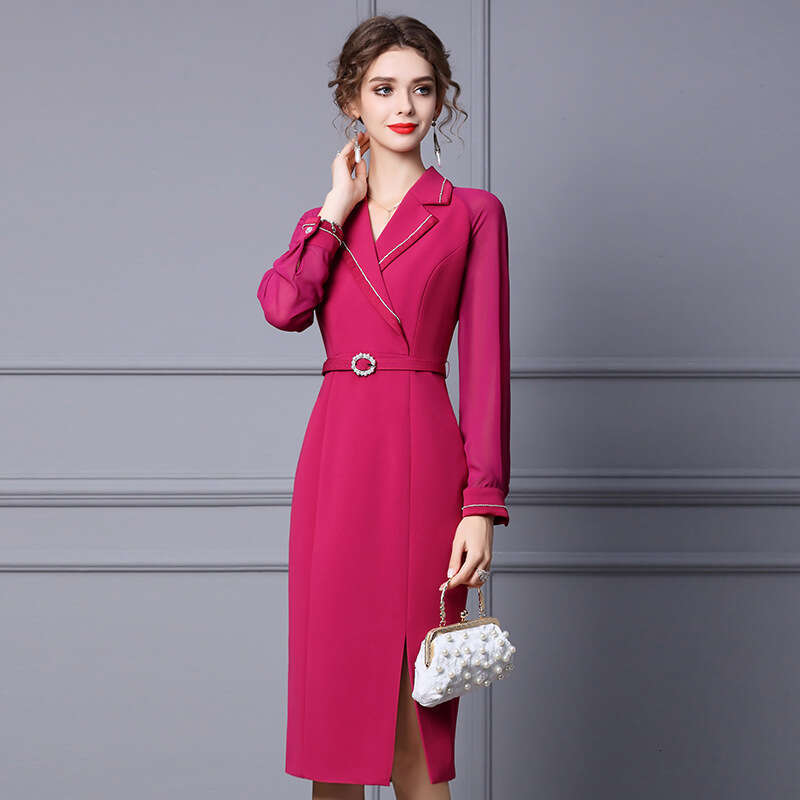 Purple Red Dress 2024 New Womens Autumn Suit Collar Long Sleeve Bundle Belt Concealing Meat Medium Length Skirt
