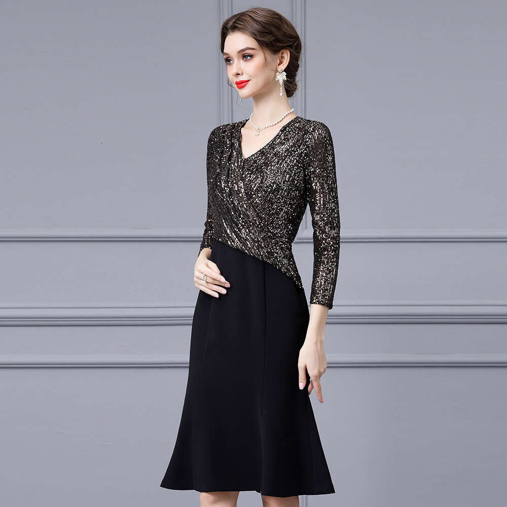 Heavy Industry sequin splicing V-neck cover belly slimming high-end mature temperament noble lady dress autumn style