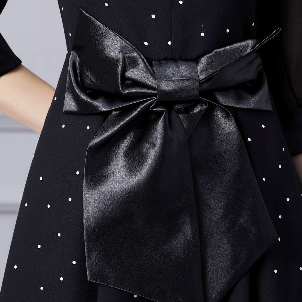 black spliced polka dot dress 2024 autumn new high-end exquisite large bow slimming A-line skirt