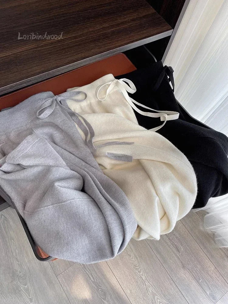 2024 Soft Waxy White Knit Wideleg Pants Autumn and Winter Thick Wool Drop Casual Straight Floorlength 241009