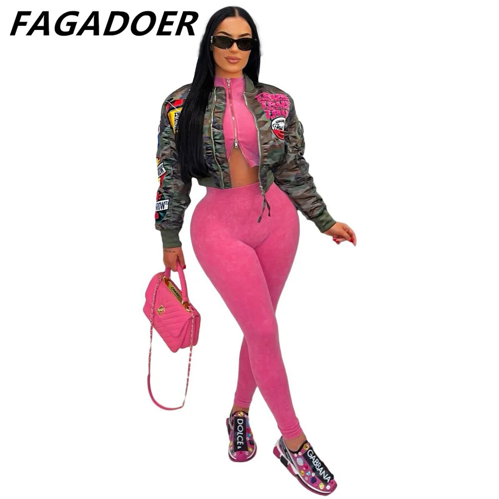 FAGADOER Autumn Camouflage Baseball Bomber Jackets Women Y2k Pattern Print Street Outwear Zip Moto Coat Girl Clothing 241011