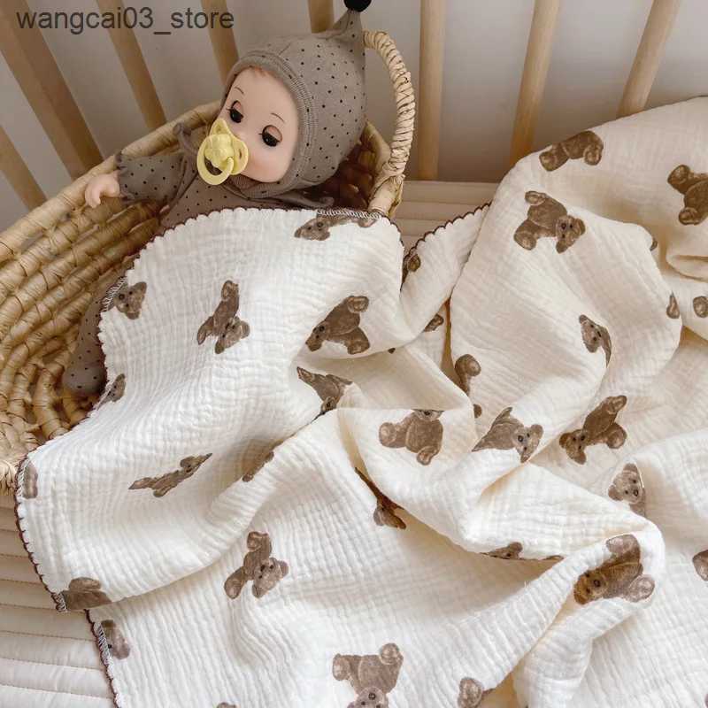 Blankets Swaddling Printed Teddy Bear Super Soft Cotton Muslin BlanketLovely Baby Swaddle Newborn Wrap Bath Towel Baby Receiving Blanket L240910