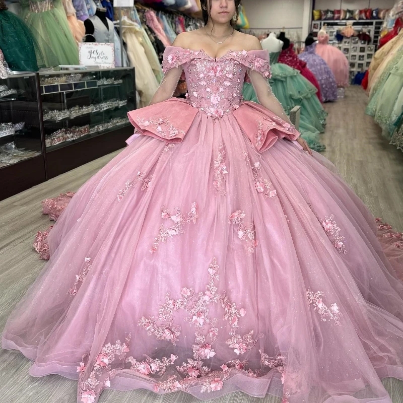 Pink Sparkly Princess Quinceanera Dresses Floral Applique Lace Beads Corset Vestidos De 15 Anos Party Birthday Lace Up Sweet 16 Dress