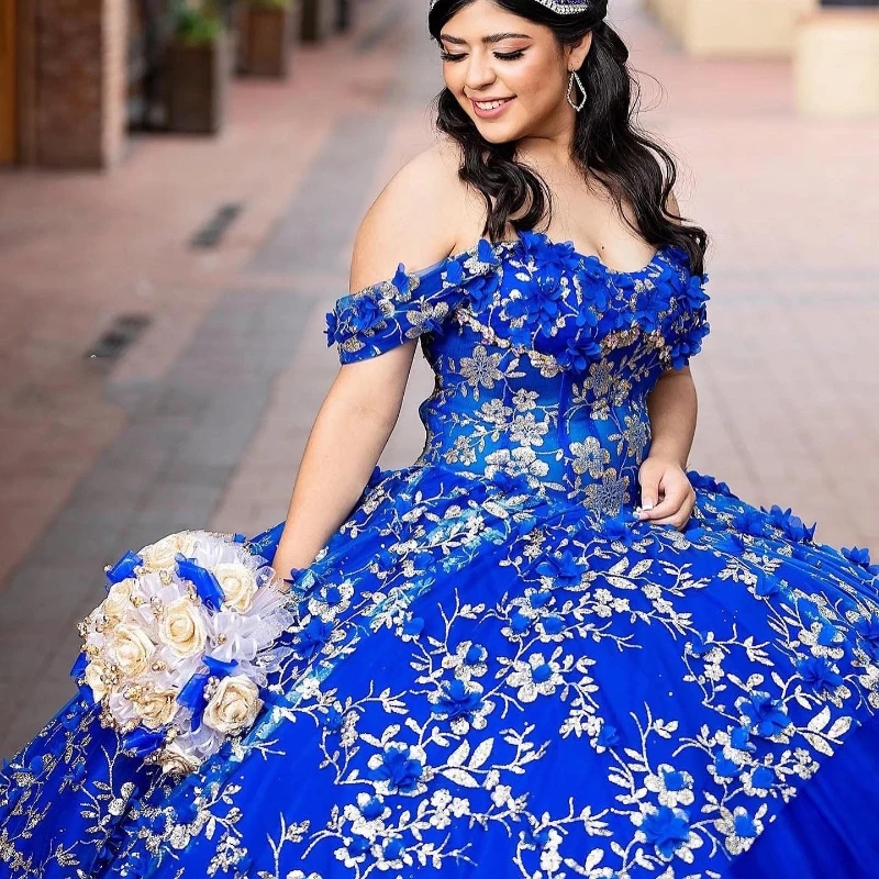 Royal Blue Quinceanera Dresses Ball Gown Puffy Vestidos De 15 Anos Sequined Gold Applique Lace Tull Party Birthday Sweet 16 Dress