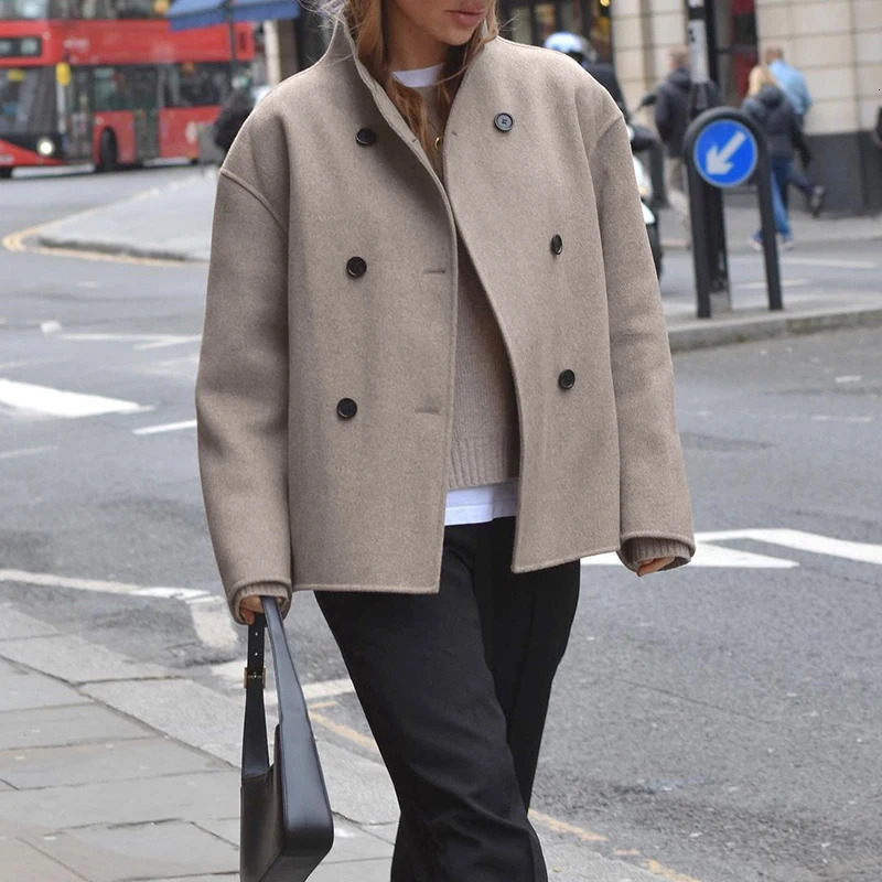 Women Fashion Long Sleeved Solid Outwear Ladies Stand Collar Double Breasted High Street Coat Autumn Casual Slim Wool Jacket 240930