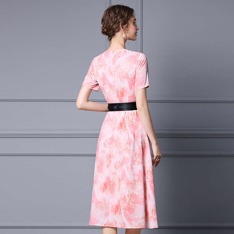 Commuter Slimming Dress 2024 New Womens Summer Mid length Printed Pink Wide Belt A-line Skirt