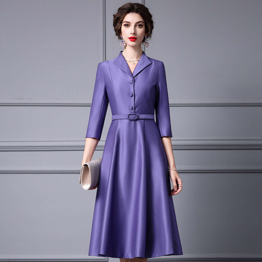 Smart purple mature charm big swing for spring summer 2024 with three quarter sleeves waist cinching revealing a slim and small lapel dress