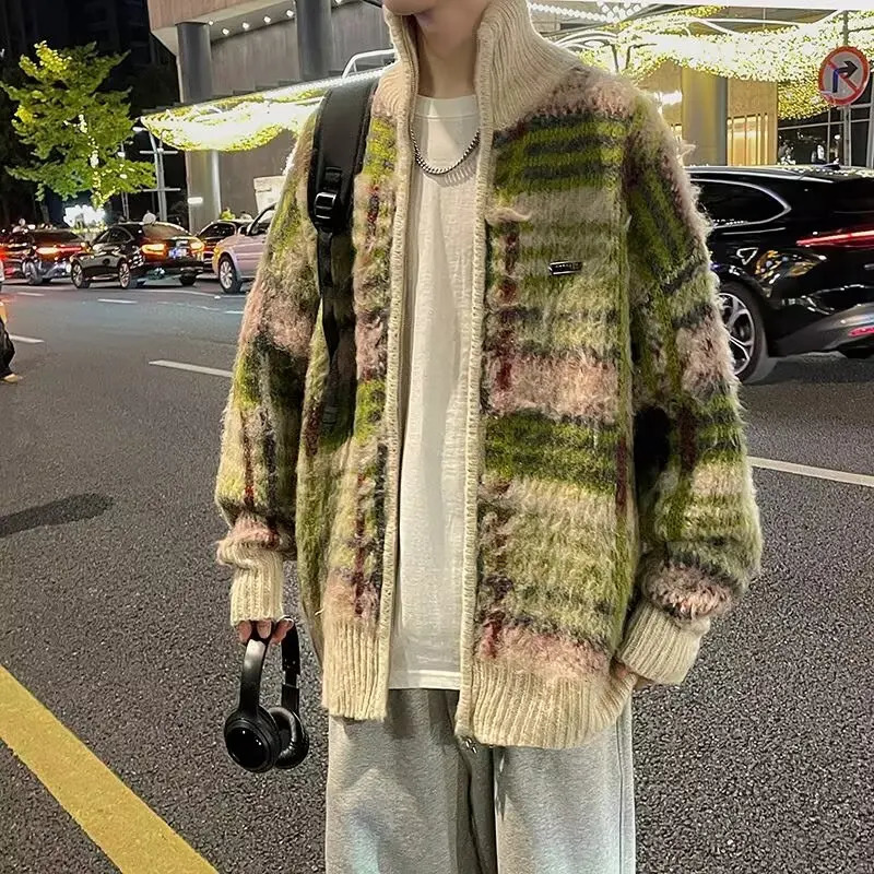 Mens striped cardigan sweater retro casual button knit Korean fashion street bag Y2K sweater cardigan jacket 241007